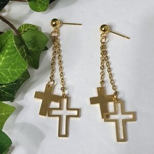 Gold Stainless Steel Cross Dangle Earrings